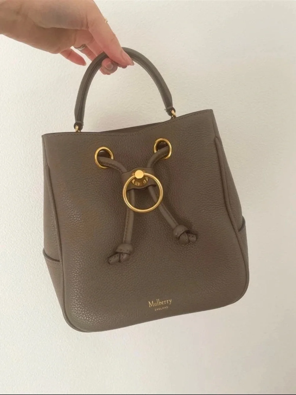 Mulberry Olive Leather Mini Drawstring Bucket Bag with Gold Hardware